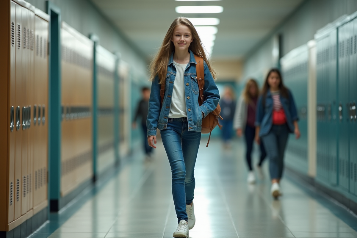 Jeune fille en jean et sneakers dans un couloir de lycée