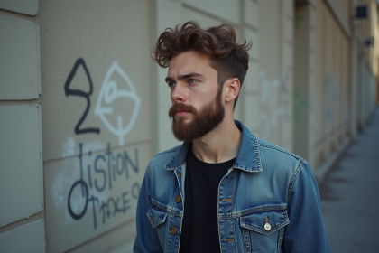 Jeune homme avec barbe naissante dans une rue urbaine