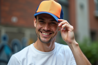 Jeune homme souriant portant un casquette trucker urbaine