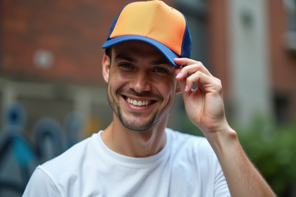 Jeune homme souriant portant un casquette trucker urbaine