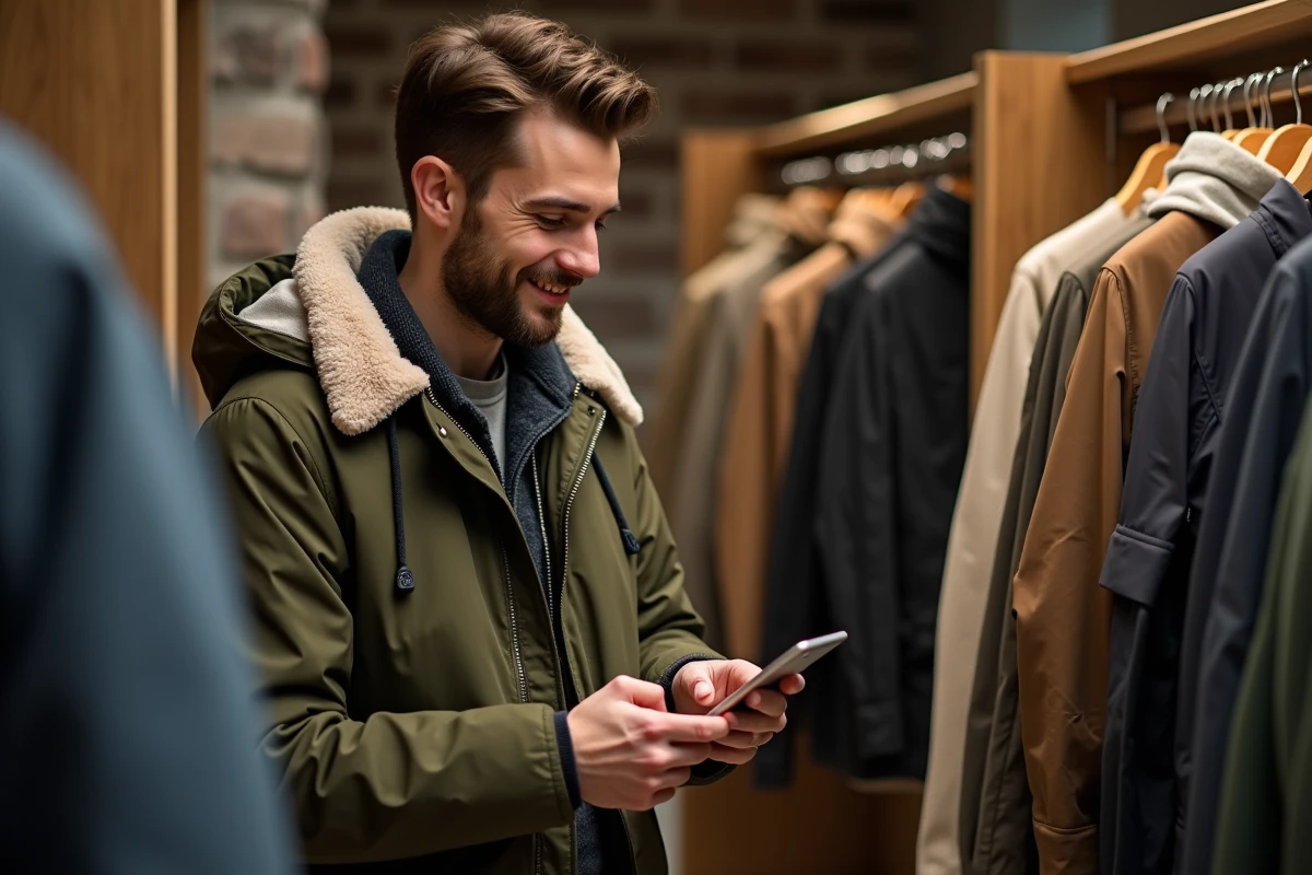 Jeune homme regardant un guide de taille sur son smartphone en boutique
