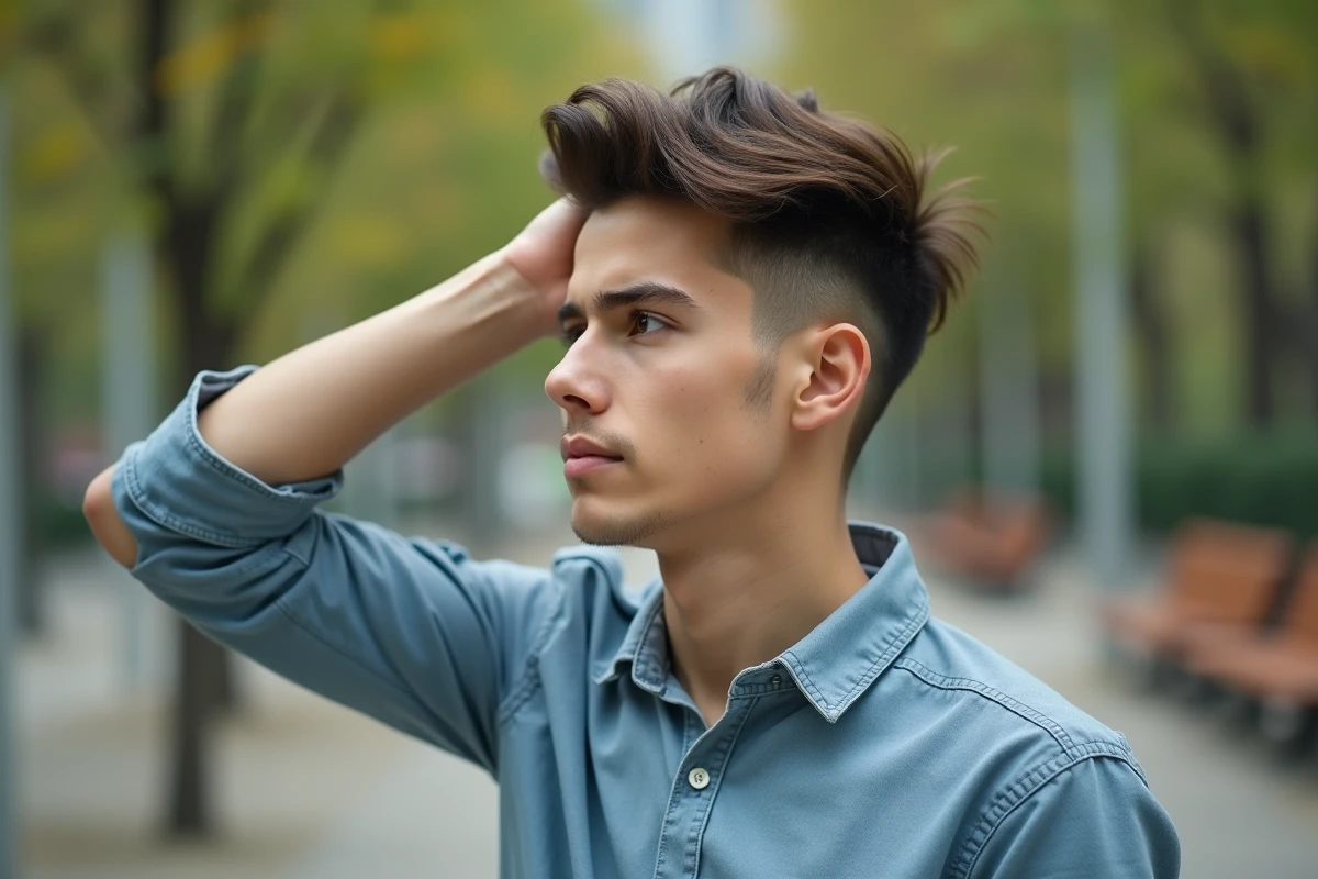 Jeune homme dans un parc urbain pensif