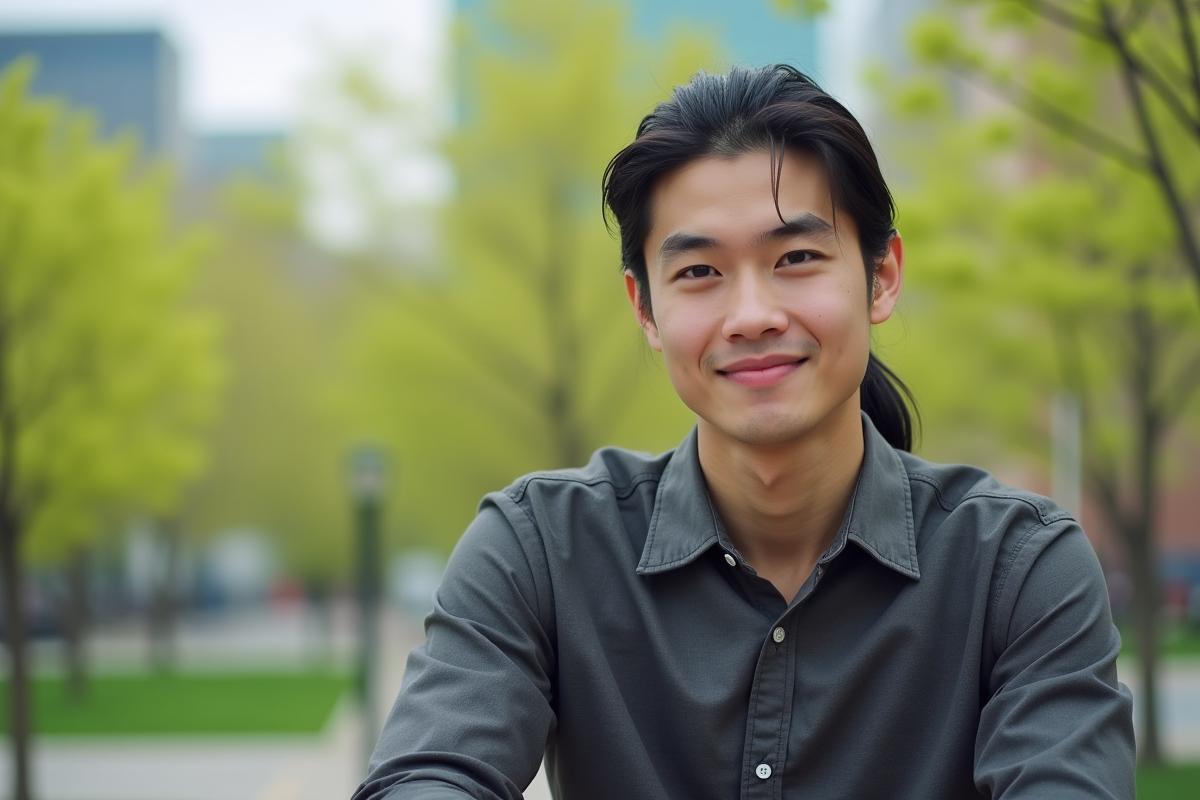 Jeune homme avec queue de cheval dans un parc urbain