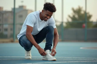 Jeune homme lace ses sneakers dans un terrain de basket urbain