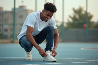 Jeune homme lace ses sneakers dans un terrain de basket urbain