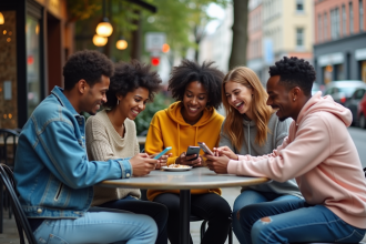 Groupe de jeunes adultes souriants autour d'un café en ville