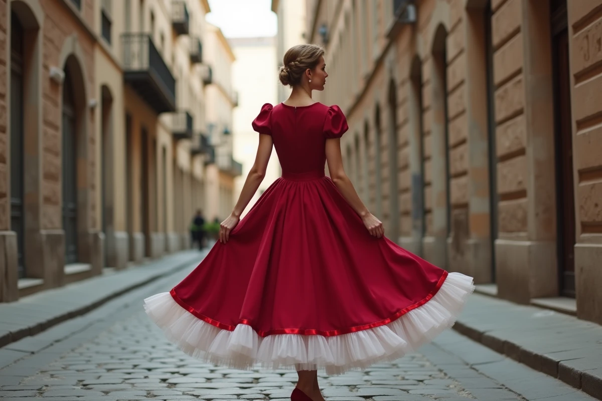 Femme en jupe circulaire style années 50 avec jupon blanc virevoltant dans une rue pavée européenne