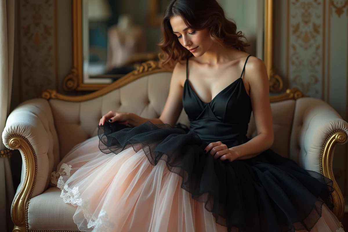 Femme arrangeant les couches d'un jupon ivoire et rose sous une robe noire élégante dans un dressing vintage