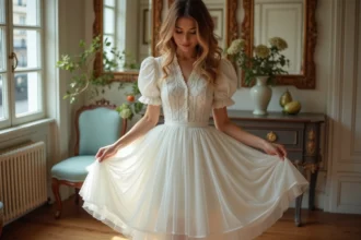 Femme en robe rétro avec jupon en tulle volumineux visible sous la jupe dans une boutique vintage parisienne