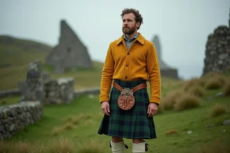 Homme portant un kilt irlandais safran avec ceinture en cuir marron à boucle celtique et chaussettes en laine crème, dans la campagne irlandaise