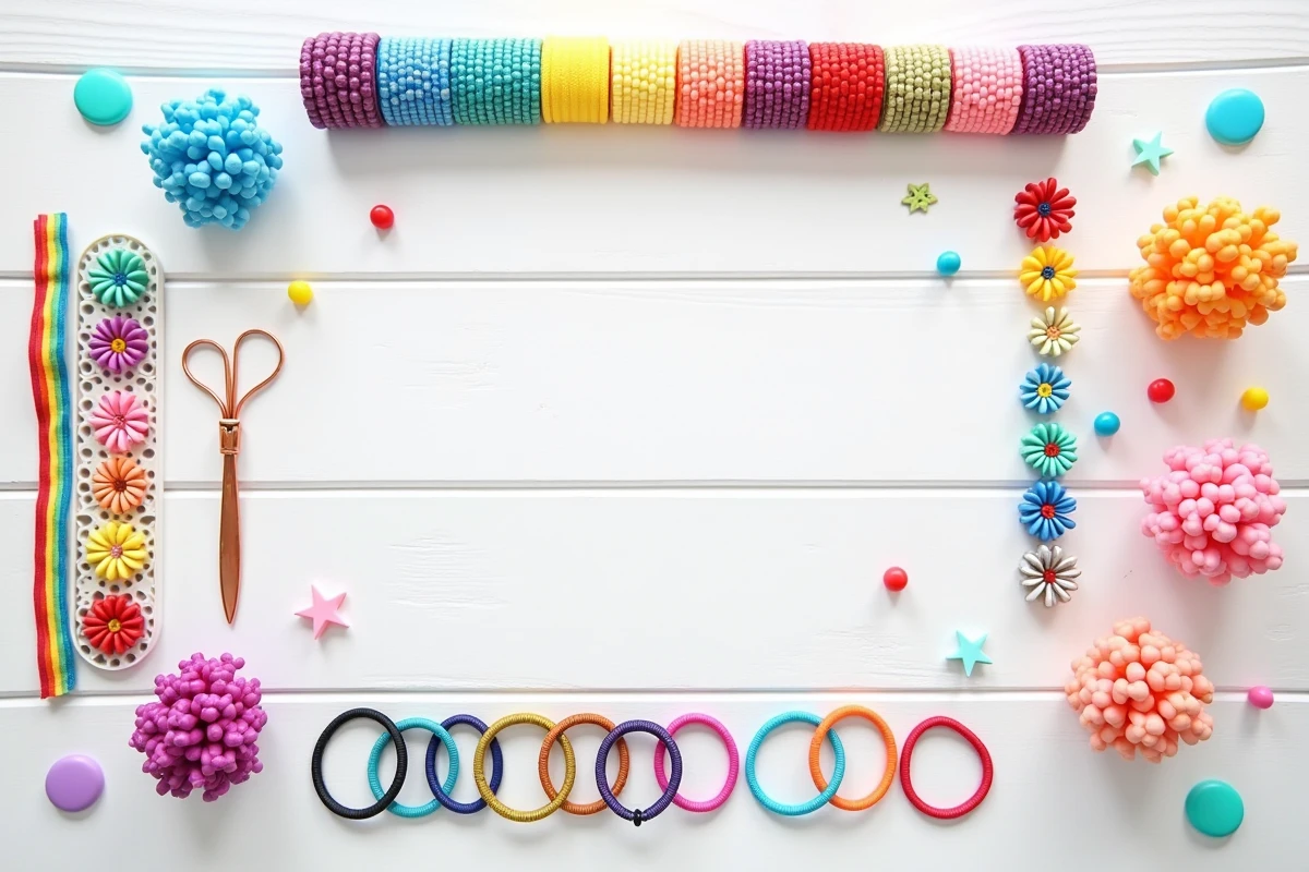 Vue du dessus d'un kit de bracelet anniversaire enfant avec élastiques colorés, perles et métier à tisser sur table blanche