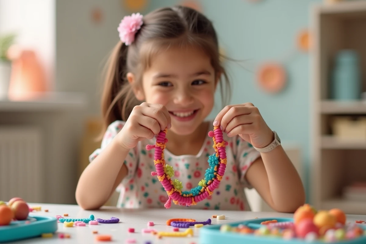 Petite fille tenant fièrement un bracelet élastique coloré réalisé lors d'un kit d'animation anniversaire