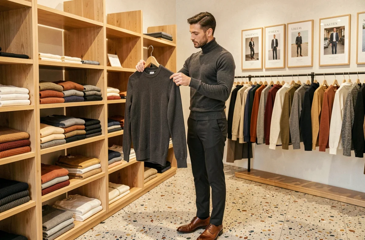 Un homme examine un pull haut de gamme dans Le Dressing, boutique multimarques masculine du 2e arrondissement de Lyon