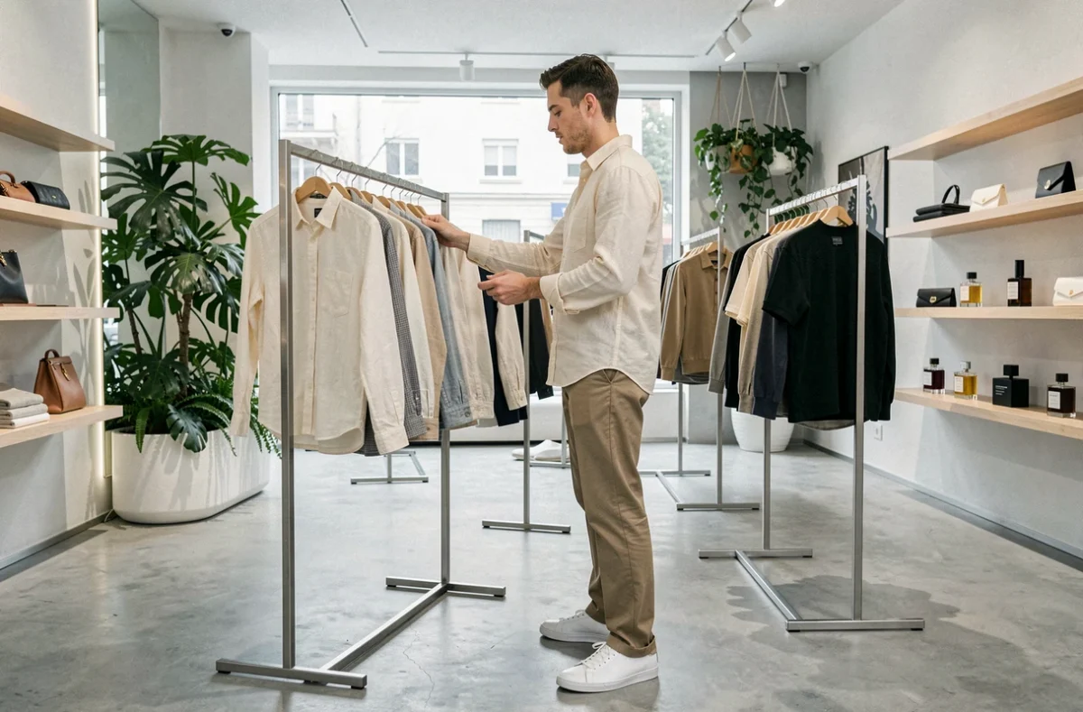 Un homme parcourt les créations d'un concept store masculin dans le 2e arrondissement de Lyon, Les Garçons