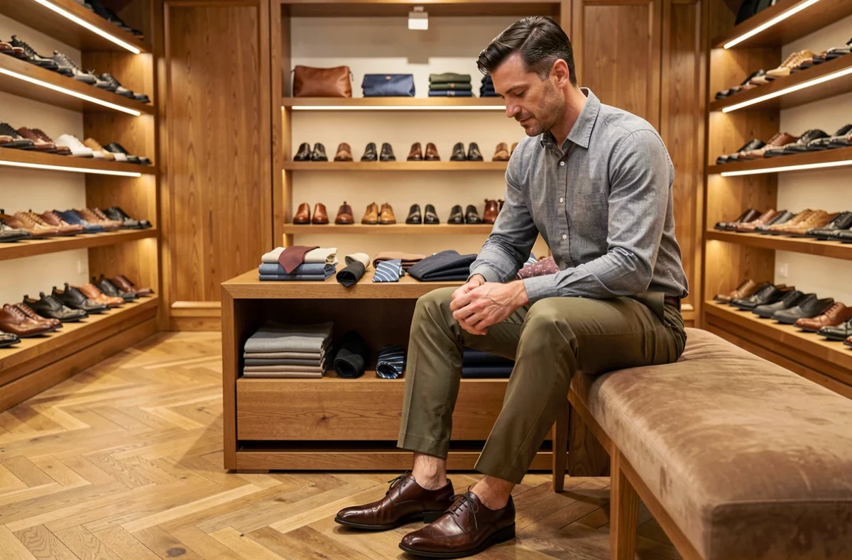 Un homme essaie des chaussures oxford en cuir dans la boutique Loding, spécialisée en chaussures et vestiaire homme dans le 2e arrondissement de Lyon