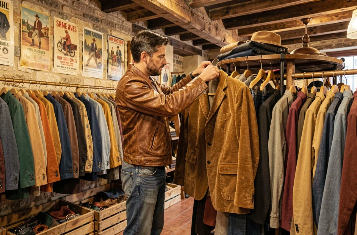 Un homme inspecte un blazer en velours côtelé vintage dans la boutique Look Vintage, spécialisée dans la mode homme seconde main du Vieux Lyon