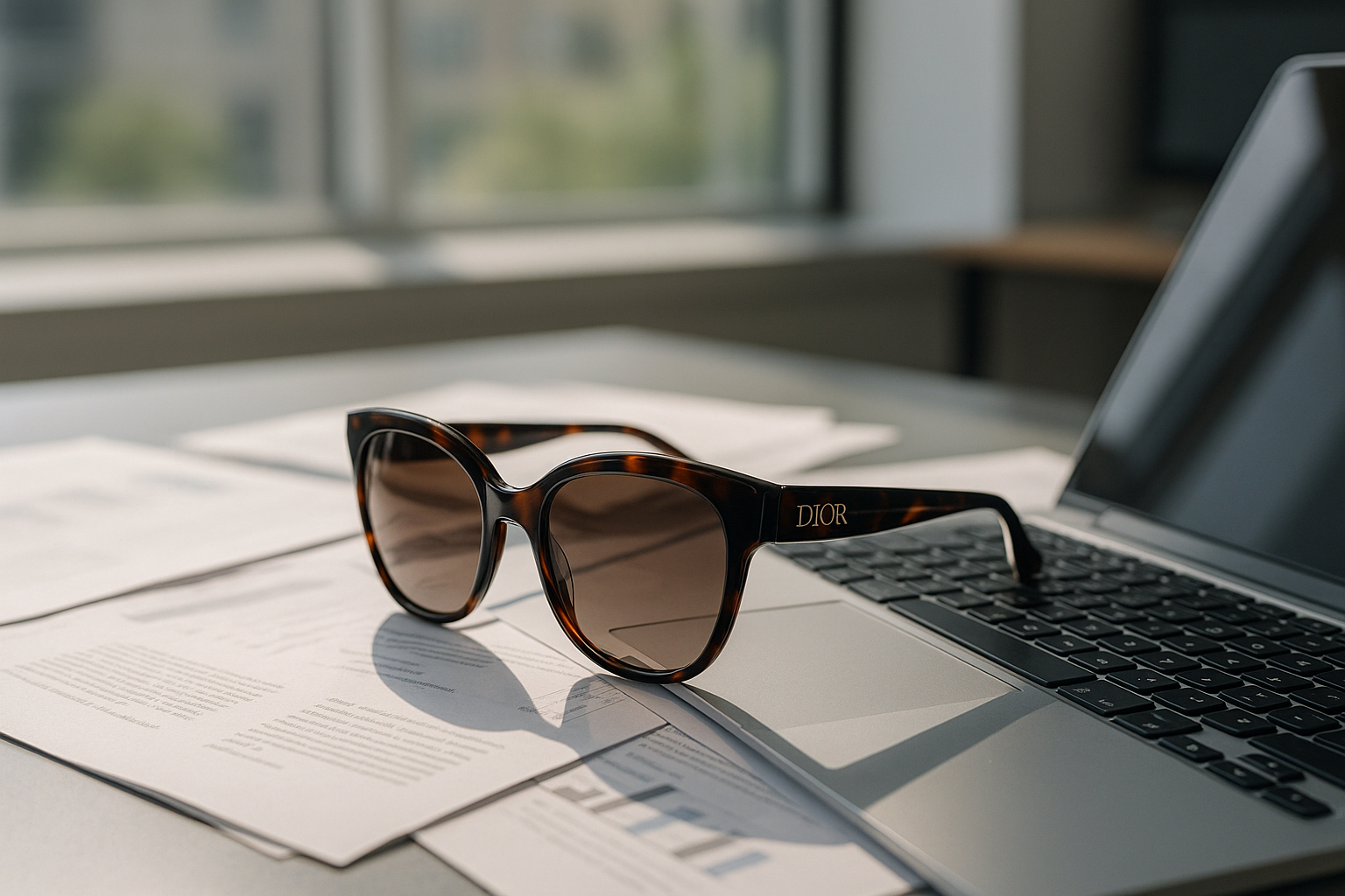 Lunettes de soleil de designer sur un bureau moderne au travail