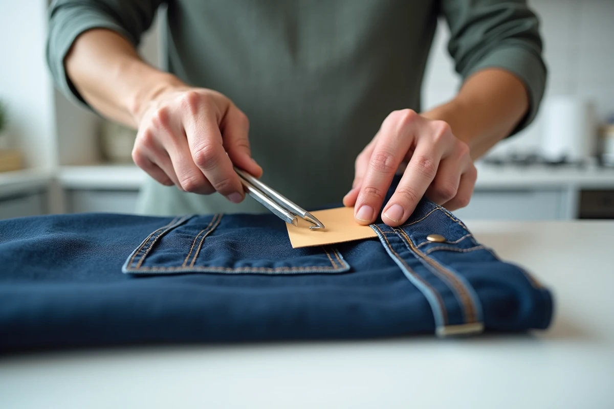 Mains utilisant un outil pour retirer un antivol plastique d'un jean sur un plan de travail blanc