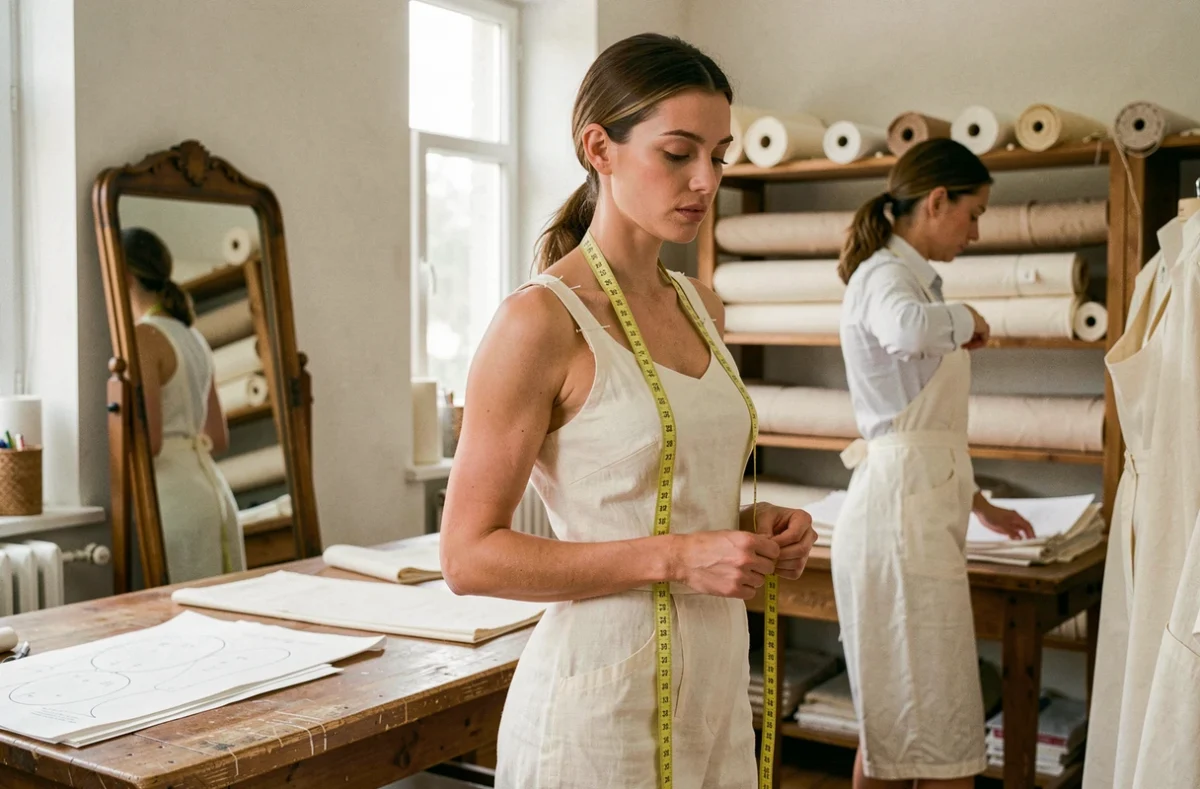 Mannequin femme lors d'un essayage en atelier de couture avec mètre ruban, illustration des mensurations réalistes utilisées dans la mode