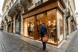 Un homme élégant devant une boutique de mode masculine dans une rue lyonnaise pavée, illustrant le classement des meilleures boutiques homme du Rhône