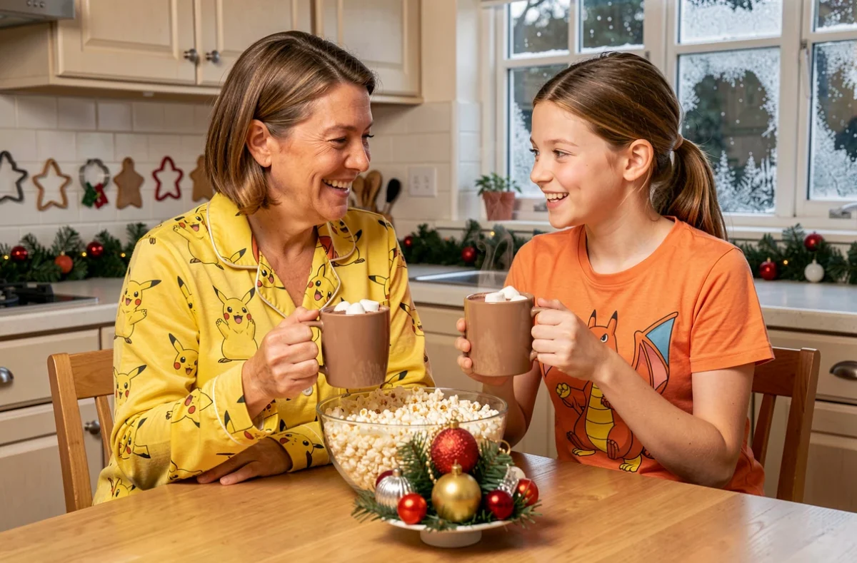 Mère et fille en pyjamas Pokémon partageant un chocolat chaud et du popcorn lors d'une soirée Noël en famille