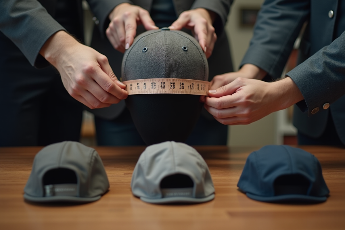 Main mesurant la tête avec un ruban à mesurer près de casquettes variées