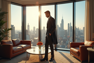 Mannequin élégante dans un penthouse luxe avec vue urbaine