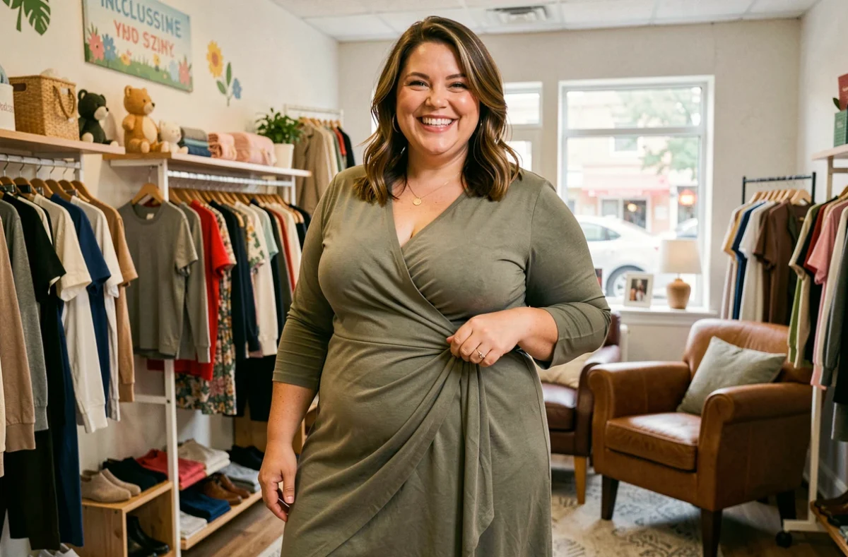 Femme souriante essayant une robe dans la boutique MS Mode grande taille à Arras