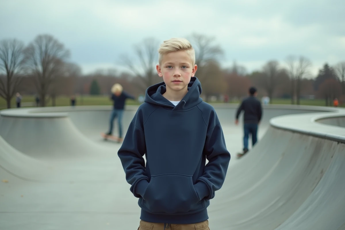 Ado avec une coupe mulet décoloré aux pointes dans un skatepark, look streetwear avec hoodie bleu marine