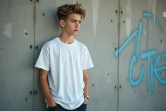 Adolescent avec une coupe mulet moderne, cheveux courts sur les côtés et longs dans le dos, style urbain décontracté