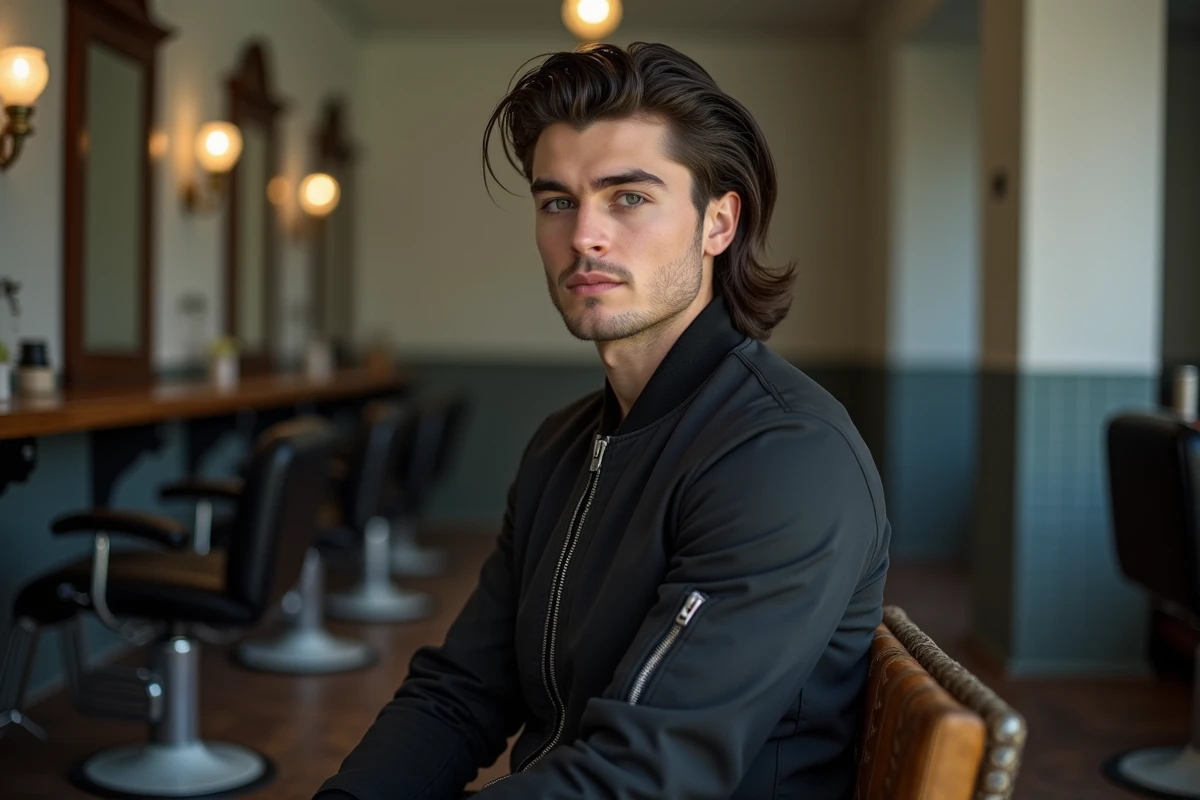 Jeune homme avec un mulet tendance dans un salon de coiffure moderne, veste bomber noire et sneakers blanches