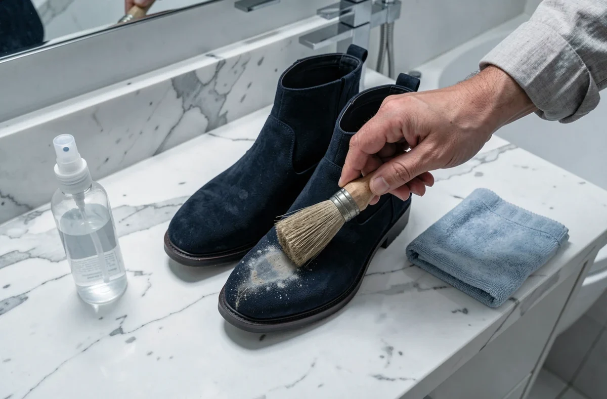 Nettoyage d'une tache sur des bottines en daim bleu marine avec une brosse douce sur marbre
