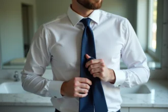 Homme faisant un nœud de cravate double Windsor devant un miroir de salle de bain en marbre