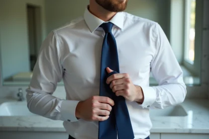 Homme faisant un nœud de cravate double Windsor devant un miroir de salle de bain en marbre