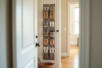 Organisateur de chaussures en tissu suspendu à l'intérieur d'une porte de placard d'entrée avec des chaussures bien rangées dans chaque poche