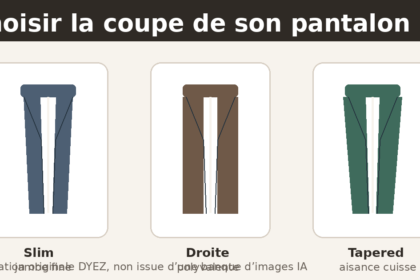 Illustration originale non IA montrant trois coupes de pantalon homme : slim, droite et tapered