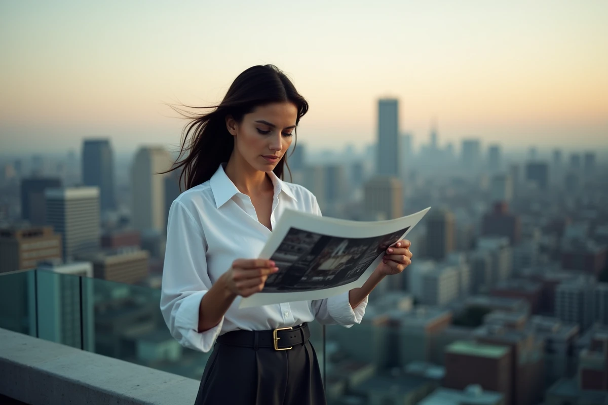 Photographe examinant un tirage grand format sur une terrasse urbaine, symbolisant un moment clé et une photo culte de sa trajectoire professionnelle