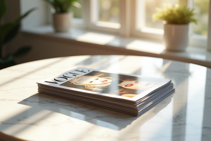 Pile de couvertures Vogue élégantes sur marbre lumineux