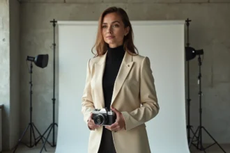 Portrait de photographe féminine tenant un appareil photo argentique dans un studio épuré, incarnant l'esthétique d'une photo culte de carrière