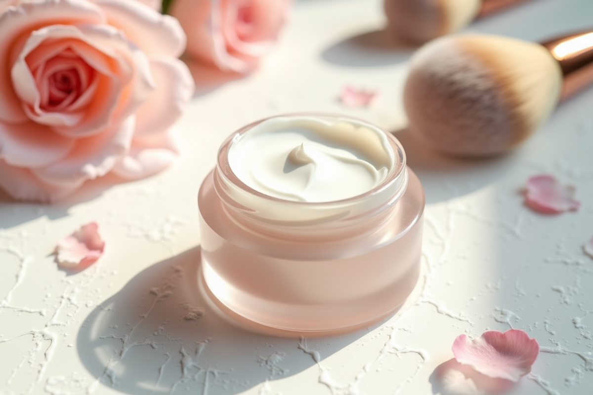 Pot de creme hydratante avec fleurs et pinceaux