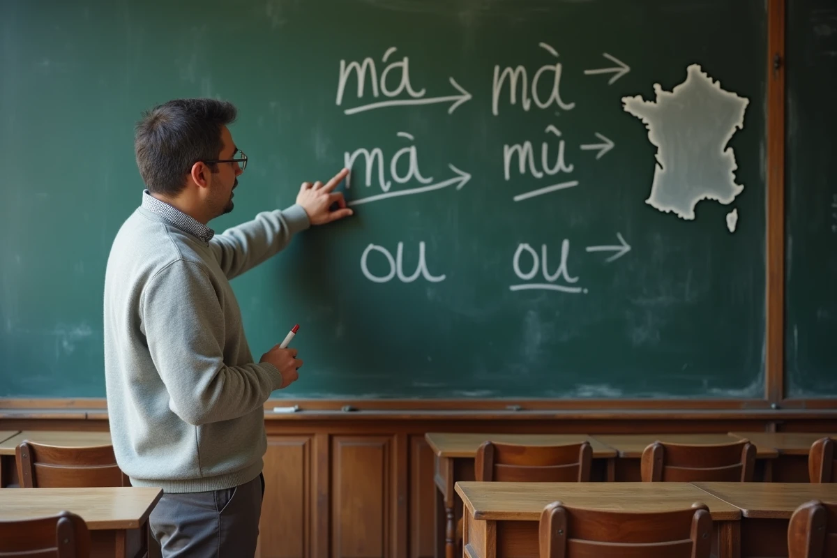 Professeur de français expliquant la différence entre ma, m'a et ou sur un tableau noir en classe