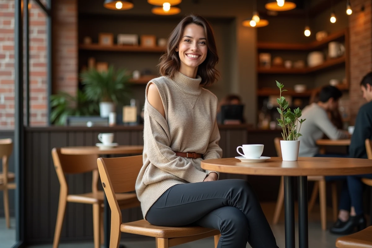 Femme assise dans un café portant un pull sans manche beige ceinturé pour affiner la taille avec un pantalon sombre