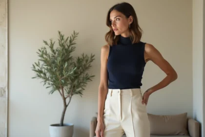 Femme portant un pull sans manche marine rentré dans un pantalon taille haute crème pour affiner la silhouette