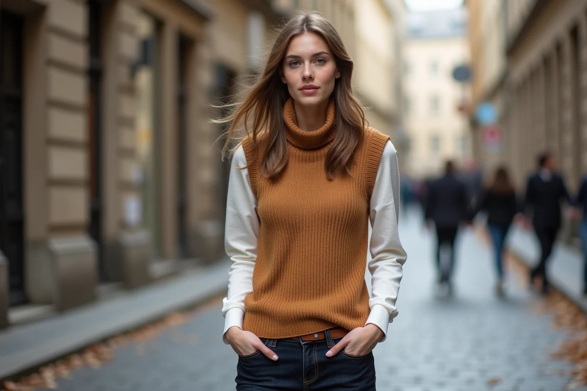 Femme stylée en pull sans manche camel sur chemise blanche avec jean droit dans une rue pavée européenne