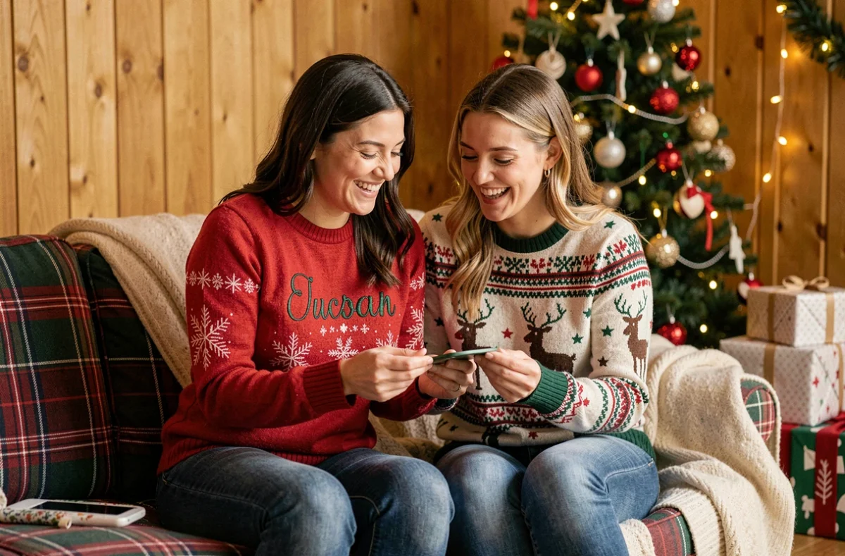 Deux femmes comparant leurs pulls de Noël personnalisés assises près d'un sapin décoré