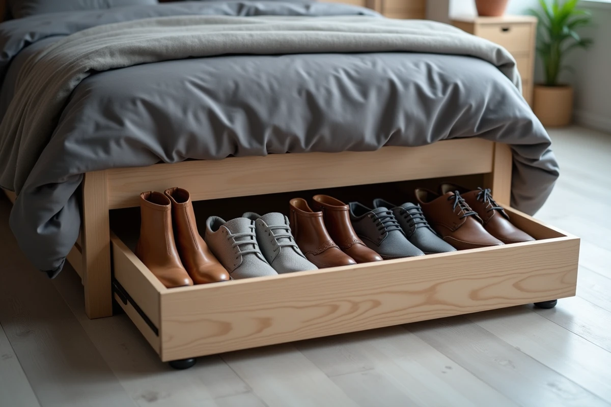 Tiroir de rangement à roulettes sous un lit avec des chaussures soigneusement organisées en rangées dans un appartement compact