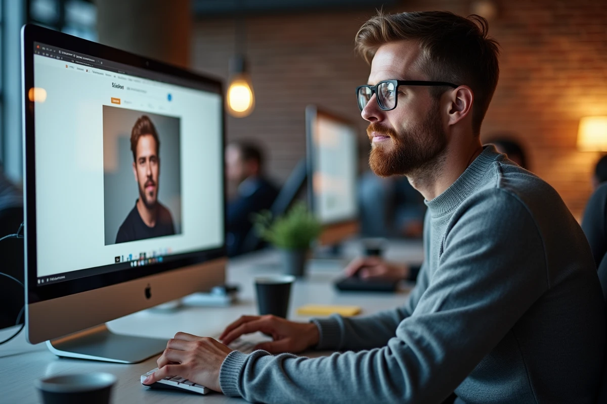 Homme utilisant un outil de recherche inversée d'images pour vérifier l'authenticité de photos sur un grand écran