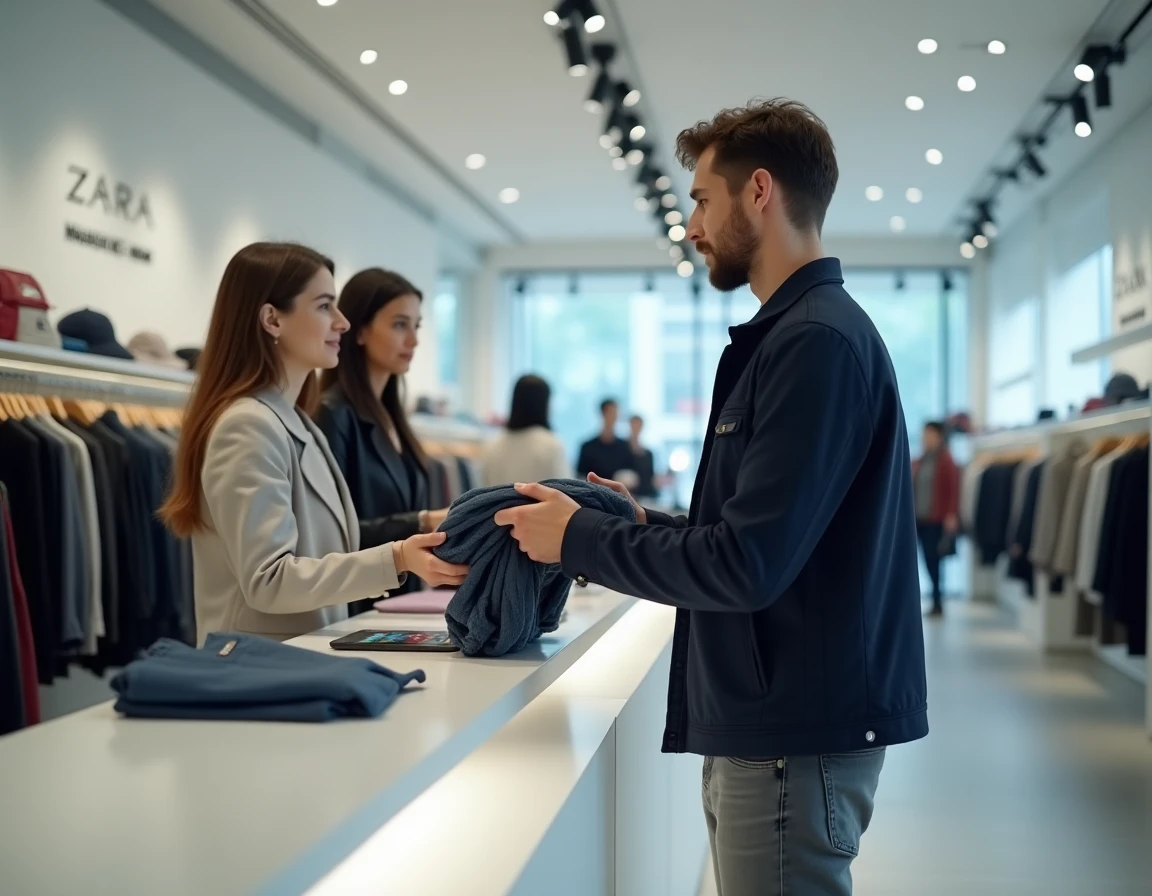 Client en train de faire une réclamation au comptoir service client d'un magasin ZARA