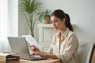 Femme consultant un reçu ZARA et faisant une réclamation en ligne depuis son bureau à domicile en 2026