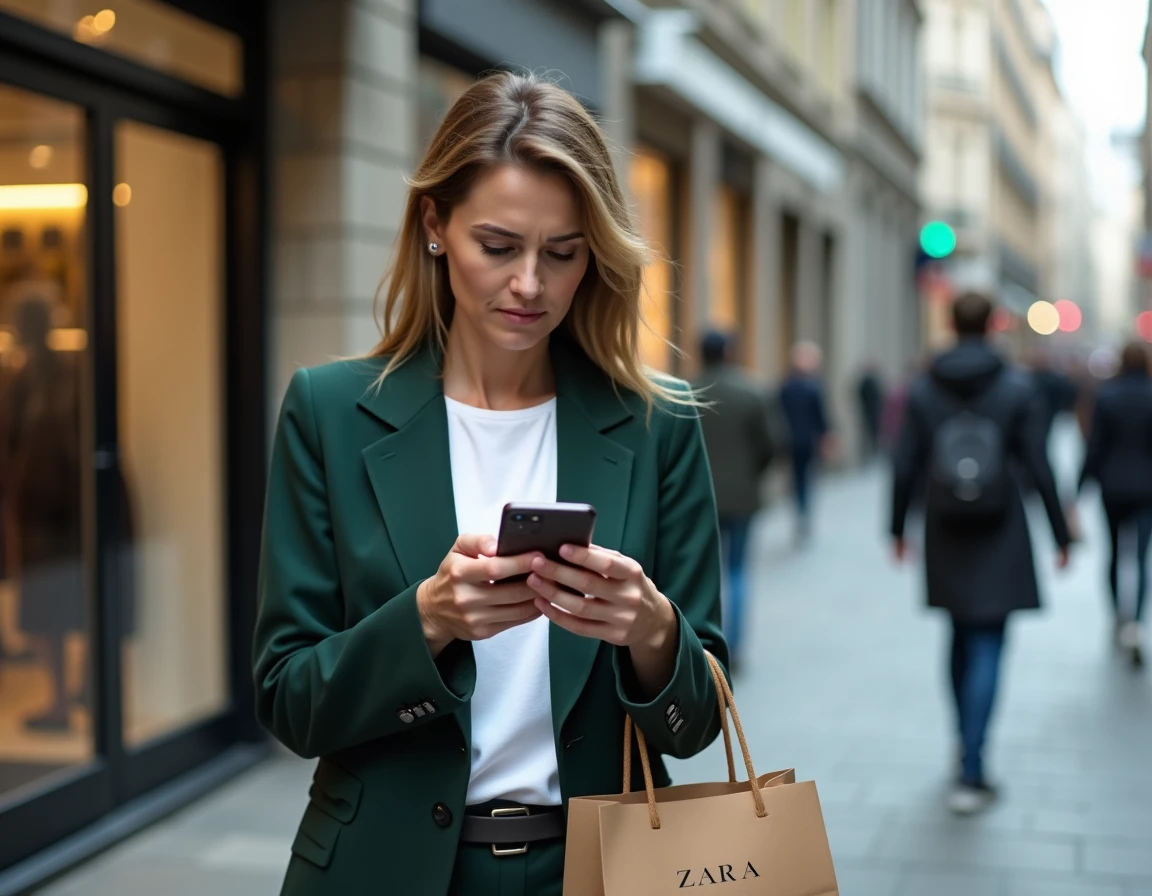 Femme consultant son téléphone pour suivre une réclamation ZARA dans une rue commerçante en ville